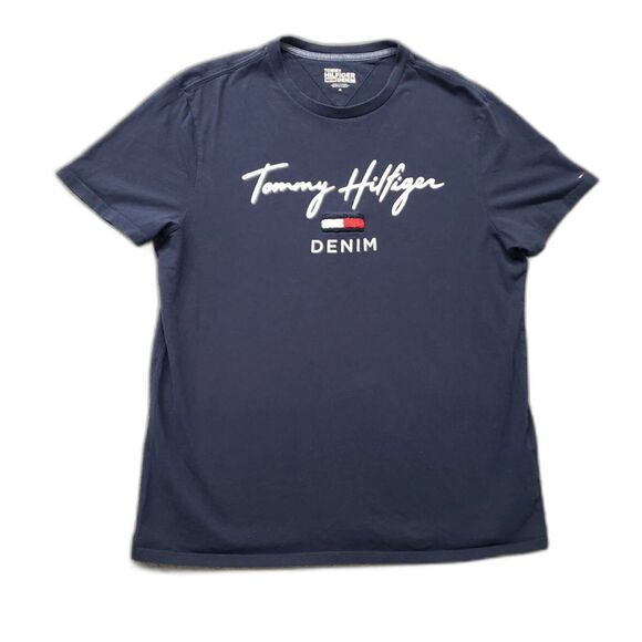Tommy Hilfiger Shirt Mens Blue Casual Fleece Logo Short Sleeve Classic - Picture 1 of 4